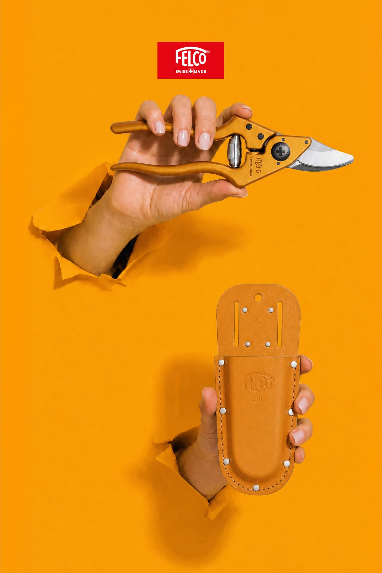 Tangerine FELCO 6 and matching holster breaking through paper